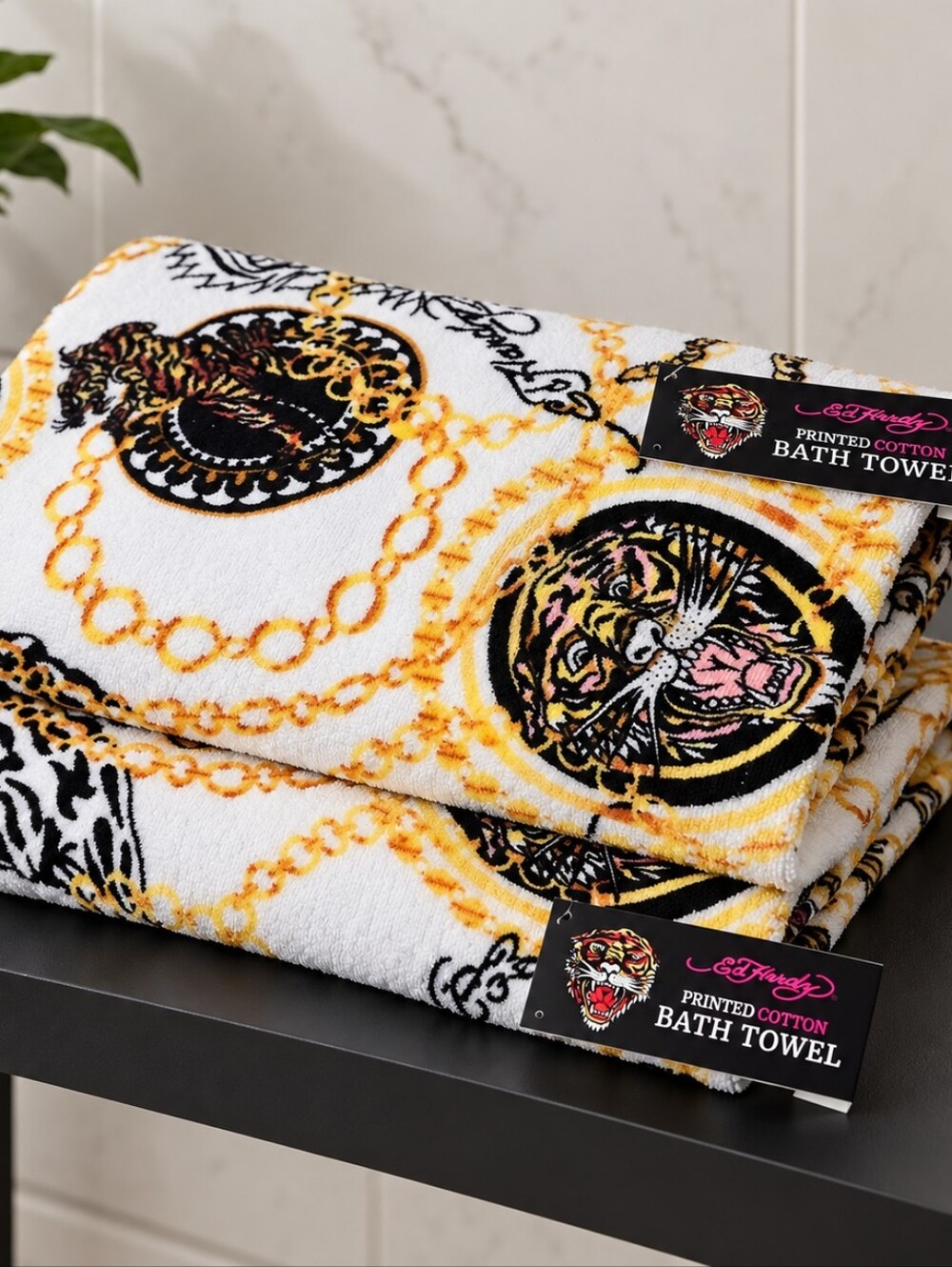 Ed Hardy TWO Bath Towels Graphic Tiger Chains Y2K Edgy Statenent